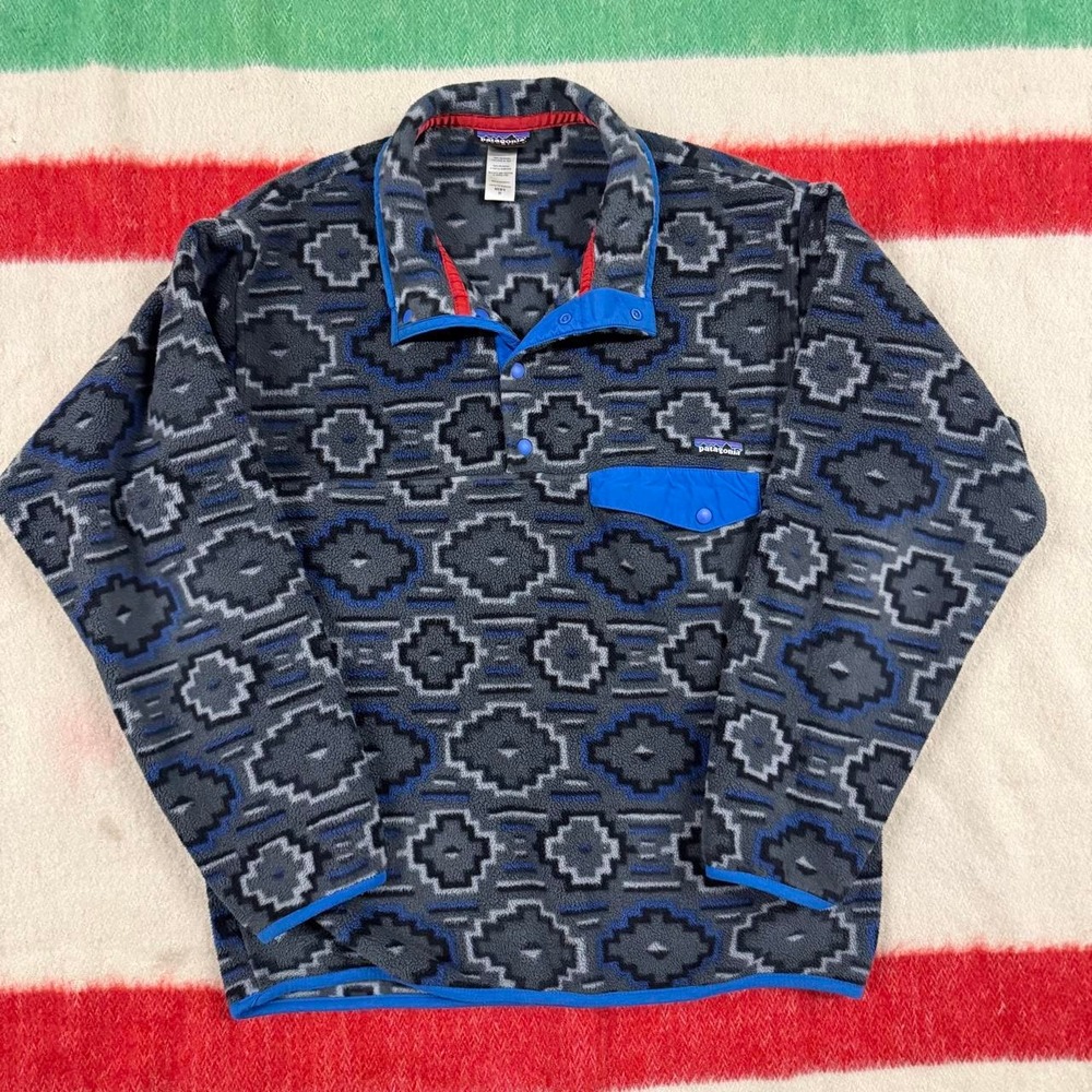 Patagonia Synchilla Snap T Aztec Pattern Fleece Pullover Mens Medium Blue Grey